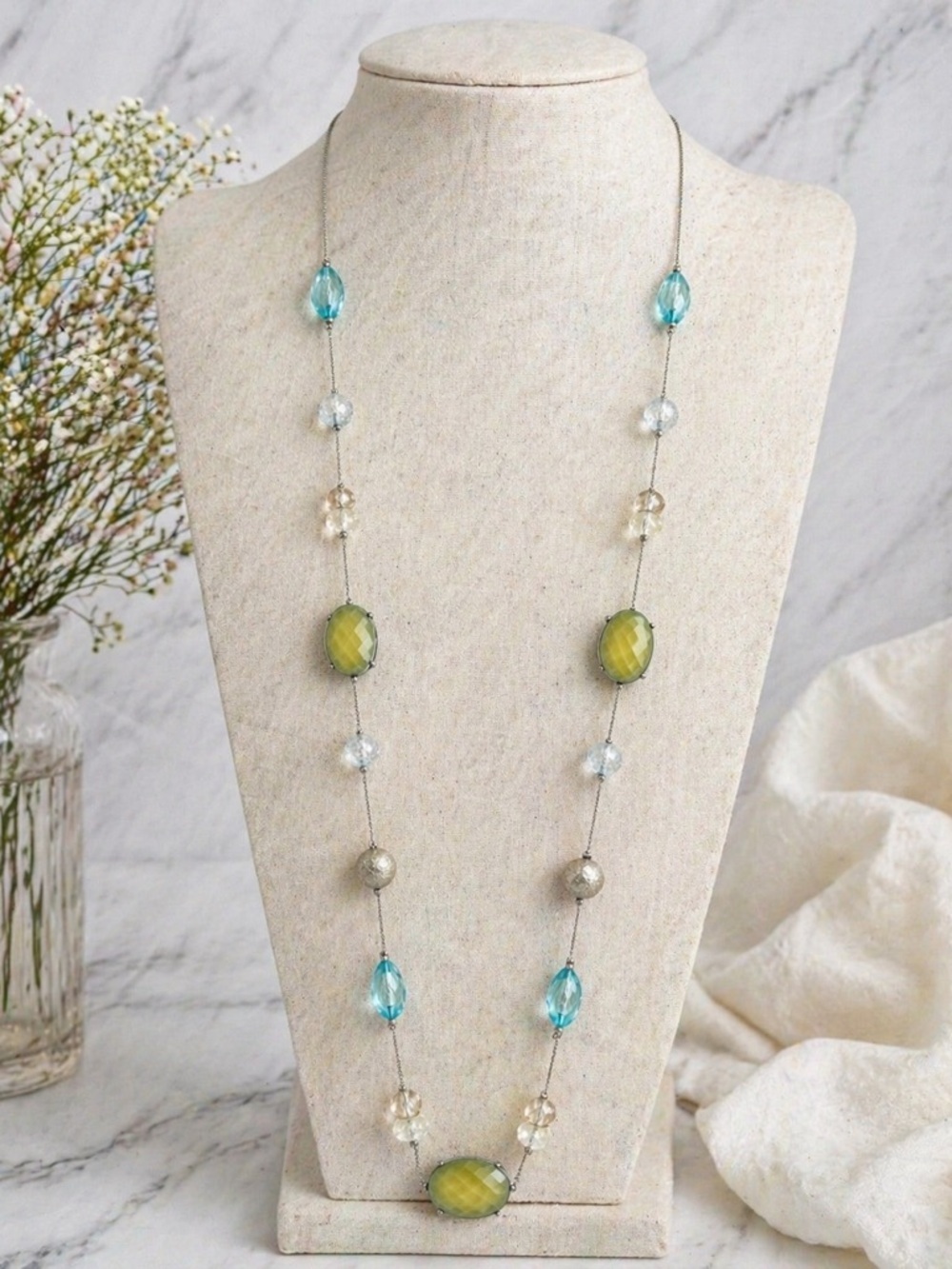 New York & Company Long Multi-Bead Necklace in Blue, Green & Champagne